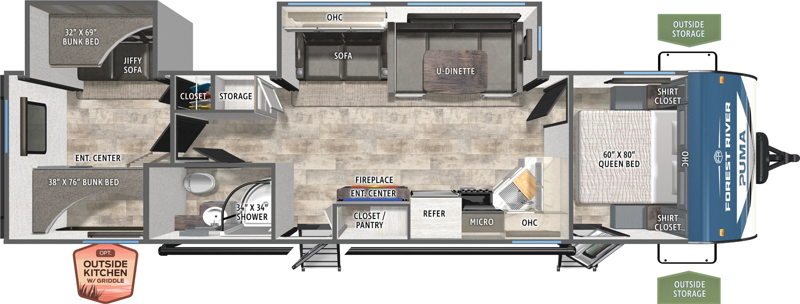 The Puma 31QBBH floorplan has two entries and two slide outs. Exterior features include: metal exterior, 21' awning and outside kitchen. Interiors features include: bunk beds, u-dinette and front bedroom.